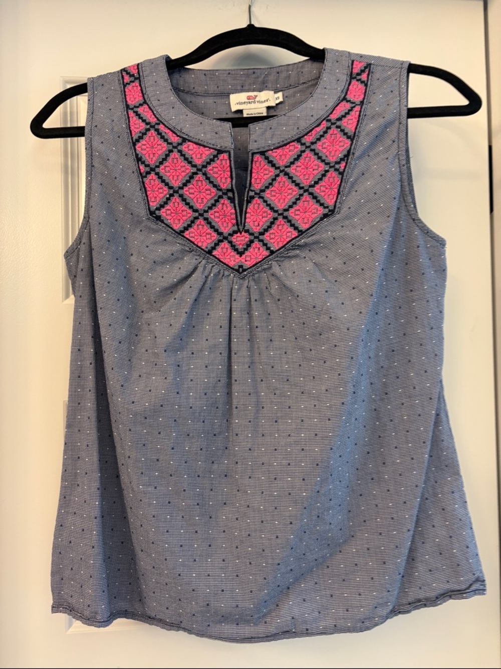 Vineyard Vines Navy Sleeveless Tank with Pink Embroidered Yoke